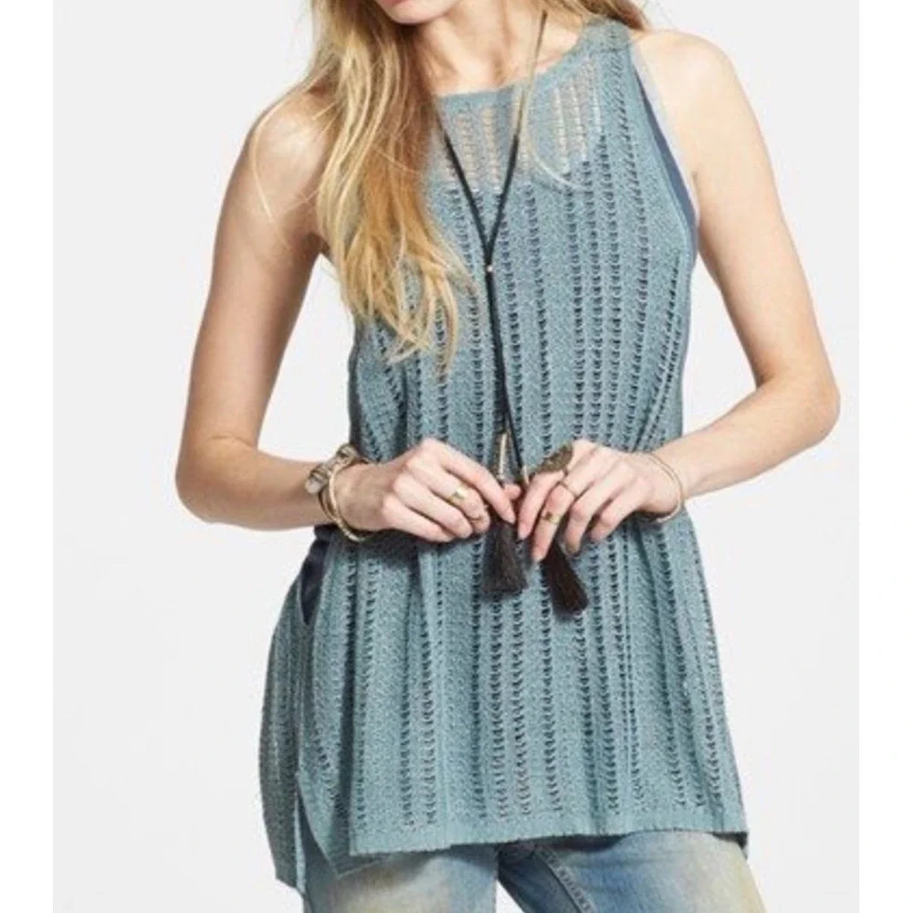 FREE PEOPLE Double Take Tank Crochet Layered Relaxed Fit Blue M/L Boho Artsy